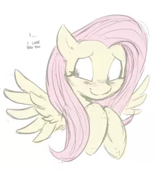 Size: 417x461 | Tagged: source needed, safe, artist:shoutingisfun, derpibooru import, fluttershy, pegasus, pony, blushing, bust, cute, dialogue, embarrassed, female, hooves to the chest, i love you, looking away, love, mare, portrait, shyabetes, simple background, sketch, smiling, solo, spread wings, white background, wings