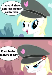 Size: 2000x2900 | Tagged: safe, artist:pizzamovies, derpibooru import, oc, oc:aryanne, earth pony, pony, angry, aryan, aryan pony, blonde, broken english, bust, cloud, cross-popping veins, crying, dialogue, female, hat, heart, looking at you, mare, mountain, nazi, nazipone, solo