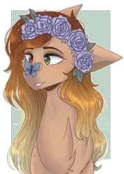 Size: 1419x1978 | Tagged: safe, artist:shadow-nights, derpibooru import, oc, oc:firelight, unofficial characters only, butterfly, pony, butterfly on nose, commission, cute, female, floral head wreath, flower, heterochromia, insect on nose, mare, smiling, solo, ych result