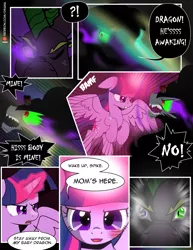 Size: 1275x1650 | Tagged: semi-grimdark, artist:dsana, derpibooru import, king sombra, spike, twilight sparkle, twilight sparkle (alicorn), alicorn, dragon, pony, comic:the shadow shard, comic, dark magic, dialogue, female, magic, male, mama twilight, mare, sombra eyes, spikezilla