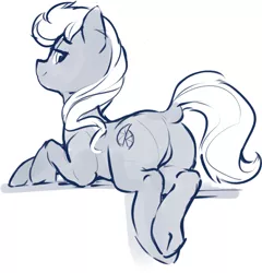 Size: 1280x1332 | Tagged: safe, artist:dimfann, derpibooru import, oc, unofficial characters only, earth pony, pony, butt, dock, featureless crotch, female, lidded eyes, looking at you, looking back, looking back at you, monochrome, plot, rear view, simple background, sketch, smiling, solo, underhoof, white background