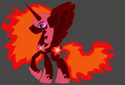 Size: 1280x872 | Tagged: safe, artist:eeveeglaceon, derpibooru import, daybreaker, oc, oc:solar flare, pony, armor, darkened coat, female, fiery mane, gray background, nightmarified, simple background, solo