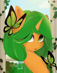 Size: 3000x3800 | Tagged: safe, artist:xsatanielx, derpibooru import, oc, oc:main puppet, unofficial characters only, butterfly, pony, unicorn, bust, commission, female, mare, portrait, rcf community, solo