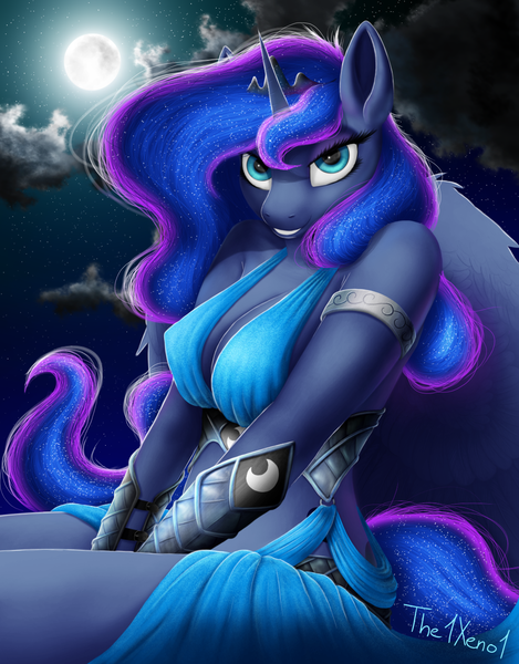 Size: 1000x1280 | Tagged: absolute cleavage, alicorn, anthro, artist:the1xeno1, breasts, cleavage, cloud, derpibooru import, female, looking at you, mare, moon, night, princess luna, safe, smiling, solo