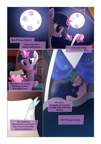 Size: 1024x1449 | Tagged: safe, artist:gashiboka, derpibooru import, princess celestia, princess luna, twilight sparkle, alicorn, pony, unicorn, comic:scar of solar, bed, comic, golden oaks library, magic, moon, quill, royal sisters, scroll, sleeping, telekinesis, unicorn twilight