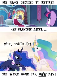 Size: 1044x1422 | Tagged: alicorn, comic, cropped, derpibooru import, edit, edited screencap, female, implied king sombra, mare, meme, princess celestia, princess luna, safe, screencap, screencap comic, season 9, spoiler:s09, text, twilight sparkle, twilight sparkle (alicorn), vulgar, you had one job