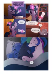 Size: 1024x1449 | Tagged: safe, artist:gashiboka, derpibooru import, princess celestia, princess luna, twilight sparkle, twilight sparkle (alicorn), alicorn, pony, unicorn, comic:scar of solar, bed, comic, golden oaks library, magic, noise, quill, royal sisters, scroll, sleeping, telekinesis, unicorn twilight