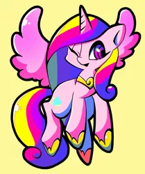 Size: 1204x1441 | Tagged: safe, artist:asg5528, derpibooru import, princess cadance, alicorn, pony, cute, cutedance, female, jewelry, mare, one eye closed, regalia, simple background, solo, wink, yellow background