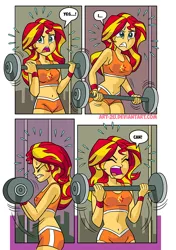 Size: 598x851 | Tagged: safe, artist:art-2u, derpibooru import, sunset shimmer, comic:gym partners, equestria girls, belly button, breasts, clothes, comic, eyes closed, female, midriff, open mouth, shorts, solo, sports bra, sports shorts, sweat, weight lifting, weights, workout, workout outfit, wristband