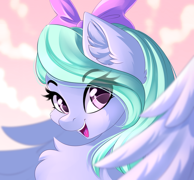 Size: 3713x3449 | Tagged: safe, artist:airiniblock, derpibooru import, flitter, pegasus, pony, beautiful, bust, cheek fluff, chest fluff, cloud, commission, cute, ear fluff, evening, eye clipping through hair, female, flitterbetes, looking at you, mare, open mouth, portrait, rcf community, sky, smiling, solo, spread wings, wings