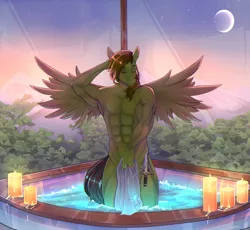 Size: 2120x1950 | Tagged: anthro, anthro oc, armpits, artist:rk-i, bathing, candle, commission, derpibooru import, eyes closed, hot tub, male, nudity, oc, oc:delta hooves, pegasus, solo, solo male, spa, strategically covered, suggestive, sunset, towel, unofficial characters only, ych result