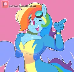 Size: 2893x2811 | Tagged: anthro, artist:norithecat, big breasts, breasts, bust, busty rainbow dash, cleavage, clothes, commission, costume, cute, derpibooru import, digital, female, goggles, huge breasts, one eye closed, patreon, patreon logo, rainbow dash, smiling, solo, suggestive, wink, wonderbolts