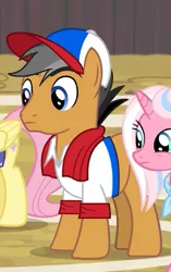 Size: 349x555 | Tagged: safe, derpibooru import, screencap, clear sky, fluttershy, quibble pants, earth pony, pony, unicorn, common ground, season 9, spoiler:s09, buckball uniform, cap, clothes, cropped, hat, offscreen character, solo focus