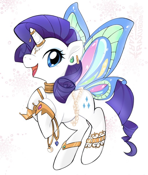 Size: 3000x3536 | Tagged: safe, artist:bigbuxart, derpibooru import, rarity, pony, unicorn, butterfly wings, choker, crown, diadem, ear piercing, earring, female, gem, glimmer wings, gold, horn, horn ring, jewelry, mare, necklace, pearl, piercing, regalia, ring, sapphire, solo, tiara, wings