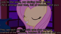 Size: 1280x720 | Tagged: caption, derpibooru import, duck tales, edit, edited screencap, fluttershy, hush now quiet now, image macro, safe, screencap, solo, spoilers for another series, stare master, text