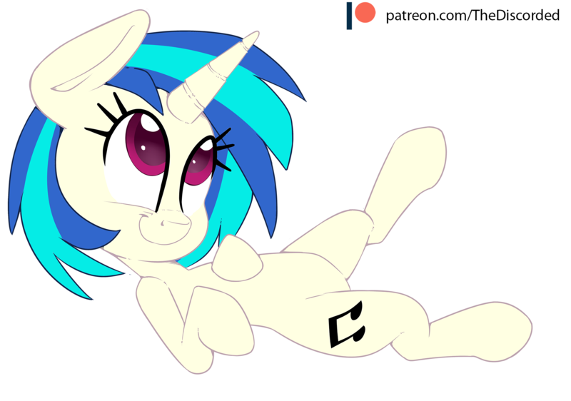 Size: 2000x1404 | Tagged: safe, artist:discorded, derpibooru import, vinyl scratch, pony, cute, cutie mark, looking up, missing accessory, on back, patreon, patreon logo, patreon reward, side, simple background, smiling, solo, vinylbetes, white background