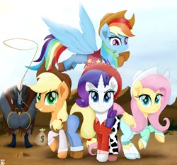 Size: 5990x5547 | Tagged: safe, artist:theretroart88, derpibooru import, applejack, fluttershy, rainbow dash, rarity, earth pony, pegasus, pony, unicorn, absurd resolution, bag, boots, clothes, cowboy hat, cowgirl, cowgirl outfit, female, freckles, hat, looking at you, mare, movie accurate, pants, raised hoof, rope, shoes, smiling, stetson, storm guard