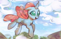 Size: 3402x2206 | Tagged: artist:mirroredsea, changedling, changeling, cloud, commission, cute, derpibooru import, diaocelles, female, floppy ears, flying, forest, happy, motion blur, mountain, ocellus, open mouth, safe, scenery, sky, smiling, solo, spread wings, tree, wind, wings