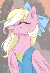 Size: 3626x5276 | Tagged: safe, artist:sparkling_light, derpibooru import, oc, oc:bay breeze, unofficial characters only, pegasus, pony, :p, blushing, bow, chest fluff, clothes, cute, ear fluff, eyes closed, female, hair bow, hair over one eye, hoodie, mare, silly, tongue out, wonderbolt hooded sweatshirt