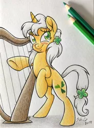 Size: 800x1088 | Tagged: safe, artist:littlehybridshila, derpibooru import, oc, oc:forest lullaby, unofficial characters only, pony, unicorn, bipedal, blushing, clover, colored pencil drawing, colored pencils, female, four leaf clover, harp, looking at you, mare, musical instrument, shamrock, solo, traditional art