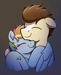 Size: 1466x1816 | Tagged: safe, artist:selenophile, derpibooru import, rainbow dash, oc, oc:skittle, pony, blushing, canon x oc, cute, eyes closed, female, floppy ears, happy, hug, male, shipping, skidash, snuggling, straight, winghug