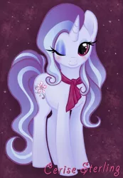 Size: 753x1089 | Tagged: safe, artist:kimai, derpibooru import, oc, unofficial characters only, pony, unicorn, cravat, female, looking at you, mare, one eye closed, solo, starry backdrop