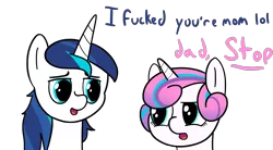 Size: 7227x4000 | Tagged: safe, artist:czu, derpibooru import, princess flurry heart, shining armor, alicorn, pony, unicorn, bad parenting, dad joke, father and child, father and daughter, female, filly, grammar error, implied princess cadance, lol, male, misspelling of your, older, older flurry heart, shining armor is a goddamn moron, stallion, subtle as a train wreck, text, this will end in a night on the couch, truth, vulgar, your mom