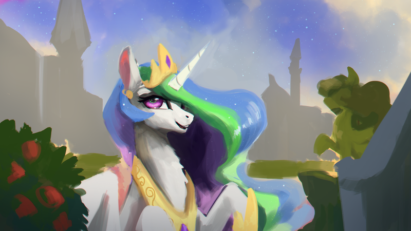 Size: 1920x1080 | Tagged: safe, artist:hierozaki, derpibooru import, princess celestia, alicorn, pony, chest fluff, cloud, crown, cute, cutelestia, female, hoof shoes, jewelry, mare, open mouth, regalia, sky, solo