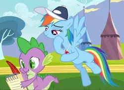 Size: 1288x938 | Tagged: safe, derpibooru import, screencap, rainbow dash, spike, pegasus, pony, hurricane fluttershy, coach rainbow dash, cropped, duo, fangs, female, flying, lidded eyes, male, mare, notepad, quill, raised hoof, smiling, spread wings, wings, writing