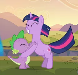 Size: 914x878 | Tagged: safe, derpibooru import, screencap, spike, twilight sparkle, dragon, pony, unicorn, hurricane fluttershy, bipedal, cropped, cute, duo, eyes closed, female, happy, holding each other, male, spikabetes, twiabetes, unicorn twilight, windswept mane, windswept tail