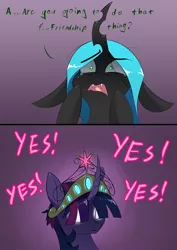 Size: 2480x3508 | Tagged: safe, artist:avatarmicheru, artist:underpable, derpibooru import, queen chrysalis, twilight sparkle, twilight sparkle (alicorn), alicorn, changeling, changeling queen, pony, avatar, avatar state, big crown thingy, crown, dialogue, element of magic, female, glowing eyes, jewelry, jojo's bizarre adventure, jotaro kujo, mare, raised hoof, regalia, scared, shrunken pupils, stuttering, teary eyes, yes yes yes