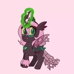 Size: 768x768 | Tagged: artist:awoomarblesoda, changepony, derpibooru import, female, hybrid, interspecies offspring, magic, magical lesbian spawn, oc, oc:yearning desire, offspring, parent:oc:fluffle puff, parent:queen chrysalis, parents:canon x oc, parents:chrysipuff, pink background, safe, simple background, solo