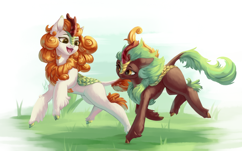 Size: 2000x1250 | Tagged: artist:peachmayflower, autumn blaze, awwtumn blaze, cinder glow, cloven hooves, cute, derpibooru import, duo, female, grass, kirin, kirinbetes, leonine tail, open mouth, running, safe, smiling, sounds of silence, summer flare