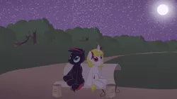 Size: 3840x2160 | Tagged: safe, artist:agkandphotomaker2000, derpibooru import, oc, oc:arnold the pony, oc:lucia nightblood, unofficial characters only, pony, bench, looking up, moon, night out, park, starry night, stars, tree