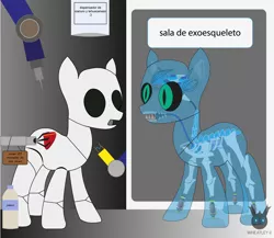 Size: 2934x2550 | Tagged: safe, artist:wheatley r.h., derpibooru import, oc, oc:sturdy diablo, unofficial characters only, pony, bone, cable, cables, gradient background, green eyes, organs, robotic arm, sharp teeth, single panel, soap, solo, spanish, spanish text, teeth, translated in the description, transparent flesh, vector, watermark, wires