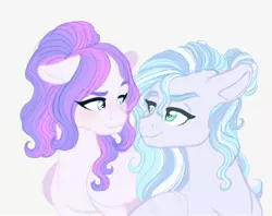 Size: 1942x1536 | Tagged: safe, artist:whalepornoz, derpibooru import, oc, oc:aurora mist, oc:morning blossom, unofficial characters only, pegasus, pony, blushing, eye contact, female, lesbian, looking at each other, oc x oc, offspring, parent:sky stinger, parent:spearhead, parent:twinkleshine, parent:vapor trail, shipping, simple background