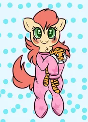 Size: 1600x2200 | Tagged: safe, artist:munchypony, deleted from derpibooru, derpibooru import, munchy, earth pony, pony, blushing, clothes, female, filly, footed sleeper, footie pajamas, looking at you, lying down, onesie, pajamas, plushie, simple background, solo