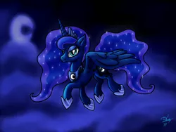 Size: 4000x3000 | Tagged: safe, artist:dandy, derpibooru import, princess luna, alicorn, pony, female, flying, lidded eyes, mare, moon, night, simple background, sky, smiling, solo