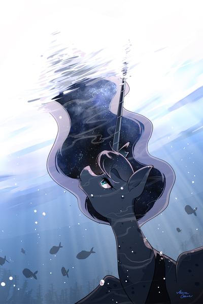 Size: 1000x1500 | Tagged: safe, artist:yuki-zakuro, derpibooru import, princess luna, alicorn, fish, pony, female, mare, seaweed, solo, underwater