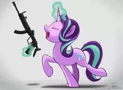 Size: 4054x2968 | Tagged: safe, artist:oinktweetstudios, derpibooru import, starlight glimmer, pony, unicorn, eyes closed, female, glowing horn, gun, horn, magic, mare, open mouth, rifle, signature, solo, telekinesis, this will not end well, weapon