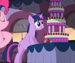 Size: 1125x938 | Tagged: safe, derpibooru import, screencap, pinkie pie, twilight sparkle, earth pony, pony, unicorn, mmmystery on the friendship express, bipedal, bipedal leaning, cake, cropped, eyes closed, female, food, leaning, looking at something, mare, marzipan mascarpone meringue madness, solo, solo focus, unicorn twilight