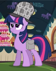 Size: 743x939 | Tagged: safe, derpibooru import, screencap, twilight sparkle, pony, unicorn, mmmystery on the friendship express, bag, cropped, deerstalker, detective, hat, saddle bag, sherlock holmes, solo, unicorn twilight