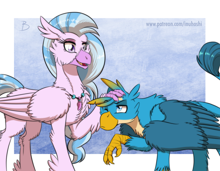 Size: 1600x1246 | Tagged: safe, artist:inuhoshi-to-darkpen, derpibooru import, gallus, silverstream, classical hippogriff, gryphon, hippogriff, abstract background, blue background, chest fluff, cute, diastreamies, duo, female, floppy ears, fluffy, frown, gallabetes, height difference, jewelry, leg fluff, male, neck fluff, necklace, older, one eye closed, open mouth, petting, raised claw, raised eyebrow, shoulder fluff, simple background, smiling, smirk, unamused, wing fluff