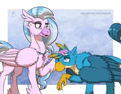 Size: 1600x1246 | Tagged: safe, artist:inuhoshi-to-darkpen, derpibooru import, gallus, silverstream, classical hippogriff, gryphon, hippogriff, abstract background, blue background, chest fluff, cute, diastreamies, duo, female, floppy ears, fluffy, frown, gallabetes, height difference, jewelry, leg fluff, male, neck fluff, necklace, older, one eye closed, open mouth, petting, raised claw, raised eyebrow, shoulder fluff, simple background, smiling, smirk, unamused, wing fluff