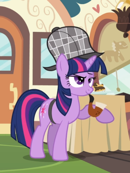 Size: 552x730 | Tagged: safe, derpibooru import, screencap, twilight sparkle, pony, unicorn, mmmystery on the friendship express, bag, cropped, deerstalker, detective, hat, pipe, raised eyebrow, saddle bag, sherlock holmes, smiling, smirk, smug, solo, unicorn twilight