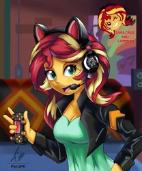 Size: 833x1000 | Tagged: safe, artist:pyropk, derpibooru import, sunset shimmer, equestria girls, equestria girls series, game stream, spoiler:eqg series (season 2), clothes, controller, dualshock controller, female, gamer, gamer sunset, headphones, microphone, open mouth, playstation 4, room, shimmercode, solo, sunset gamer