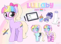 Size: 2983x2153 | Tagged: safe, artist:moozua, derpibooru import, oc, oc:lullaby tiara, unofficial characters only, pony, unicorn, alternate costumes, bong, bow, cintiq, clothes, drink, female, freckles, gamecube, glasses, hair bow, implied drug use, looking at you, mare, multicolored hair, pansexual, rainbow hair, reference sheet, smiling, socks, striped socks, sweater, tablet