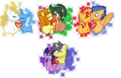 Size: 1076x688 | Tagged: safe, artist:kurosawakuro, derpibooru import, adagio dazzle, comet tail, flash sentry, prince blueblood, sunset shimmer, timber spruce, trixie, twilight sparkle, twilight sparkle (alicorn), alicorn, bluetrix, cometlight, female, flashimmer, male, shipping, simple background, straight, timberdazzle, transparent background