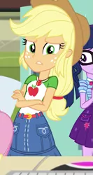 Size: 575x1079 | Tagged: safe, derpibooru import, screencap, applejack, fluttershy, sci-twi, twilight sparkle, equestria girls, equestria girls series, schedule swap, spoiler:eqg series (season 2), applejack's hat, clothes, cowboy hat, cropped, crossed arms, female, geode of super strength, hat, magical geodes, offscreen character, solo focus