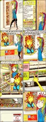 Size: 1175x3097 | Tagged: safe, artist:meiyeezhu, derpibooru import, rainbow dash, sunset shimmer, human, equestria girls, anime, clothes, coin, comic, converse, door, eyeshadow, food, hair bun, humanized, jacket, kimono (clothing), machine, makeup, menu, old master q, parody, plate, reference, restaurant, shoes, sign, smiling, sunset sushi, surprised, sushi, traditional art, vending machine